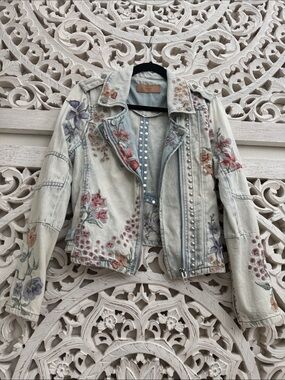 Blank NYC Light Wash Denim Moto Jacket with Floral Embroidery